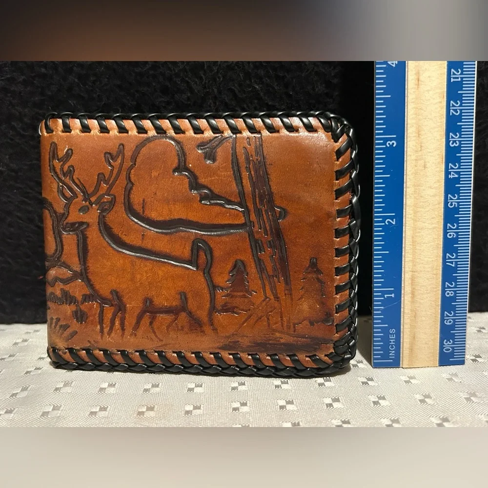 Vintage Hand Tooled Leather Men’s Wallet Cowboy Horse Bifold Handmade Western